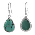 Natural Tibetan Turquoise Gemstone Bezel Set & 925 Sterling Silver Dangle Earrings Jewelry